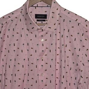 Bugatchi Men XL Pink Tropical Print Short Sleeve Button Down Shirt 8 Way Stretch